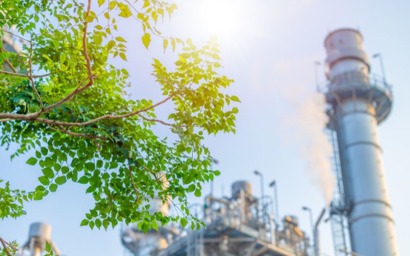 Groene tak met energiecentrale op de achtergrond