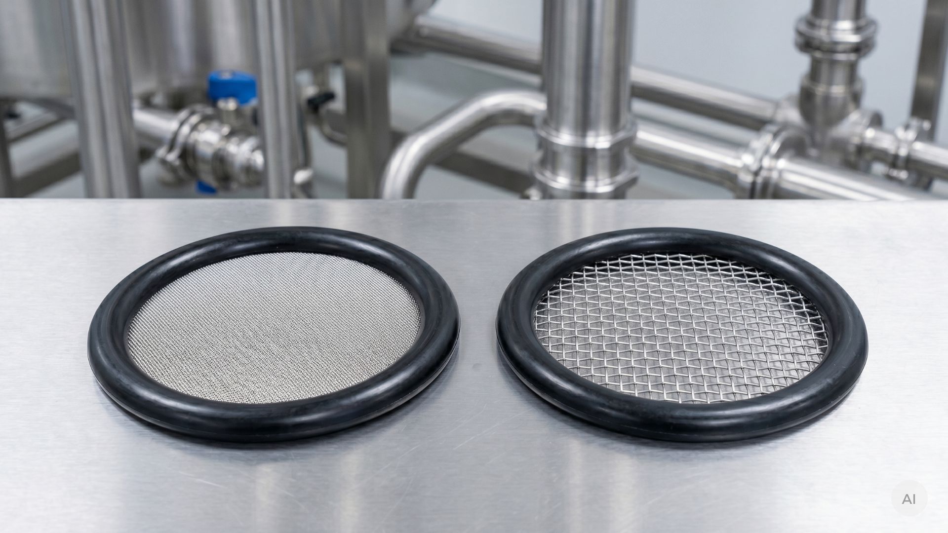 twee koppelingspakkingen met filter met verschillende maaswijdtes