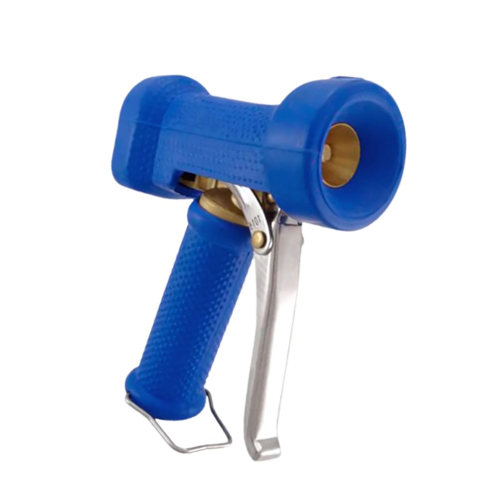 Slangpistool in zware uitvoering voor een werkdruk tot 24 bar. Messing behuizing, roestvrijstalen onderdelen en EPDM-pakkingen. Instelbare straal en bestand tegen 95 °C. Robuust en efficiënt. Bestel vandaag nog!