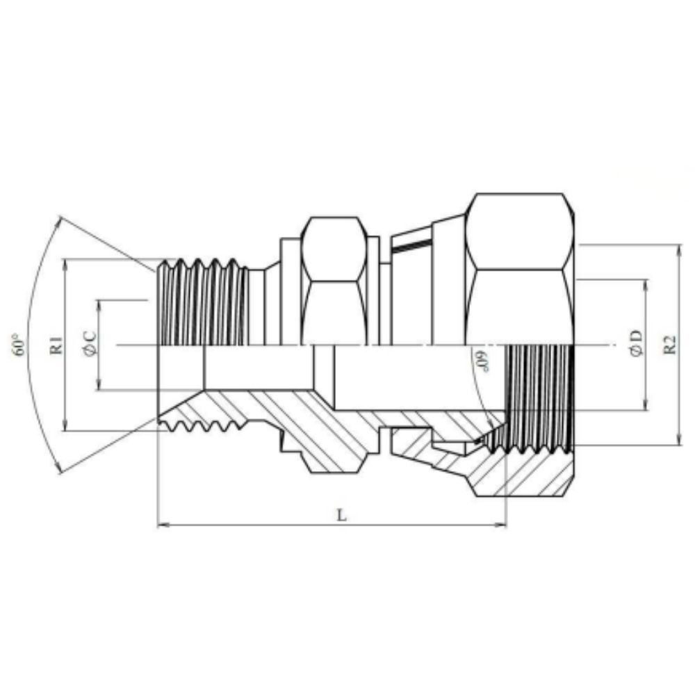 Overgangsstuk, verloop, met wartelmoer, 60° x 60°