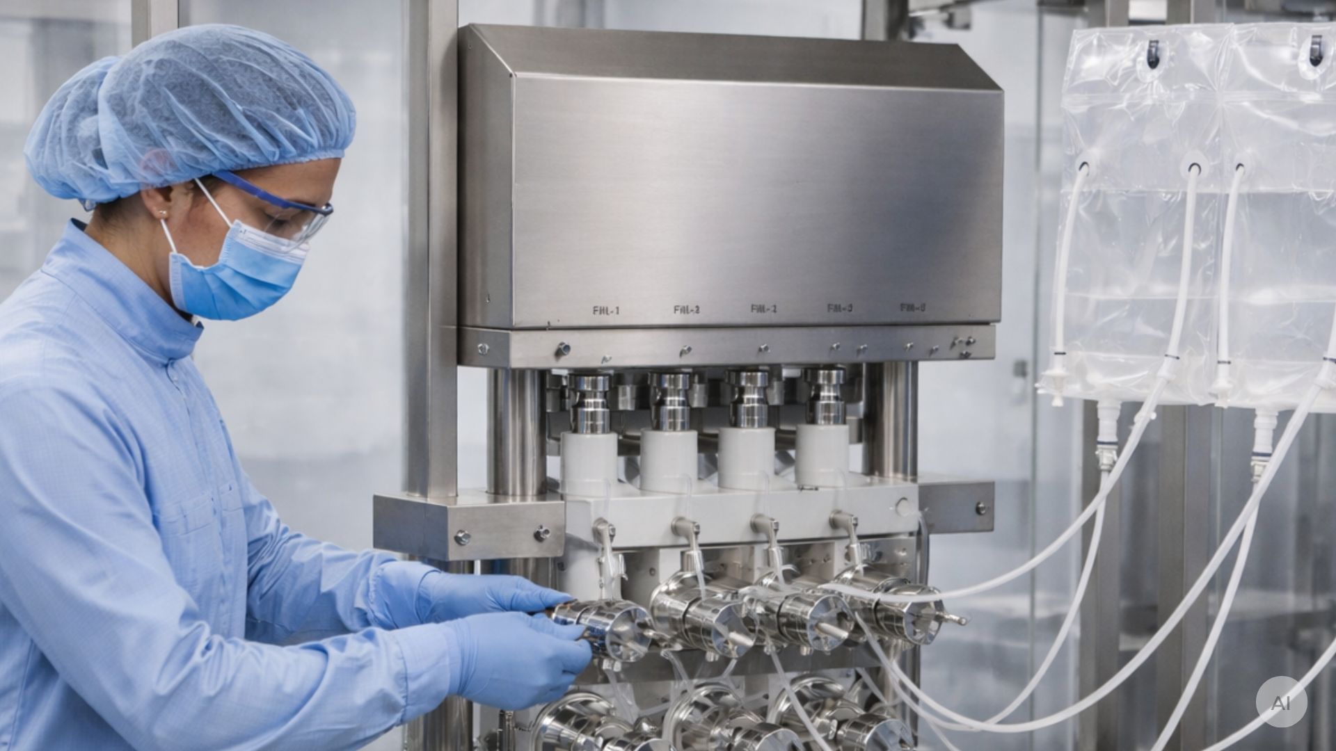 Farmaceutisch medewerker aan het werk met single-use manifolds