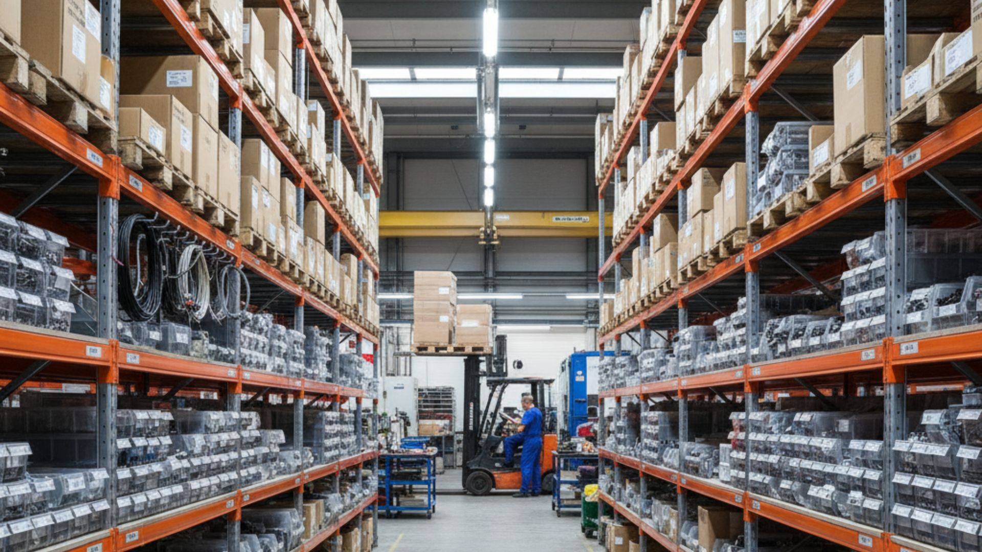 Reserveonderdelenmagazijn met artikelen op de schappen