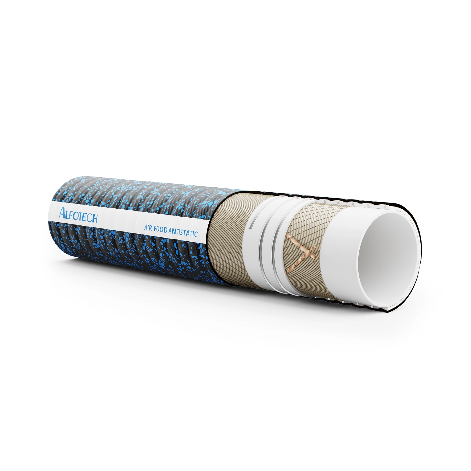 Voedselveilige Air Food Antistatic-granulaatslang voor veilig transport van poedervormige levensmiddelen, zoals suiker, tarwe, melkpoeder en meel. Bestel hier!