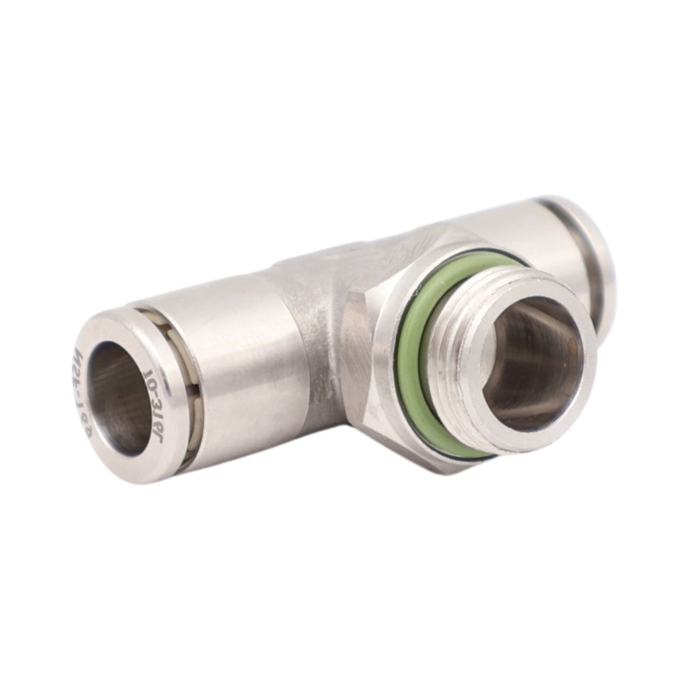 Draaibaar push-in T-stuk met BSPP-buitendraad, gemaakt van roestvrij staal AISI 316. Inclusief Viton-pakking. Geschikt voor persluchtslangen. Bestel hier via de webshop!