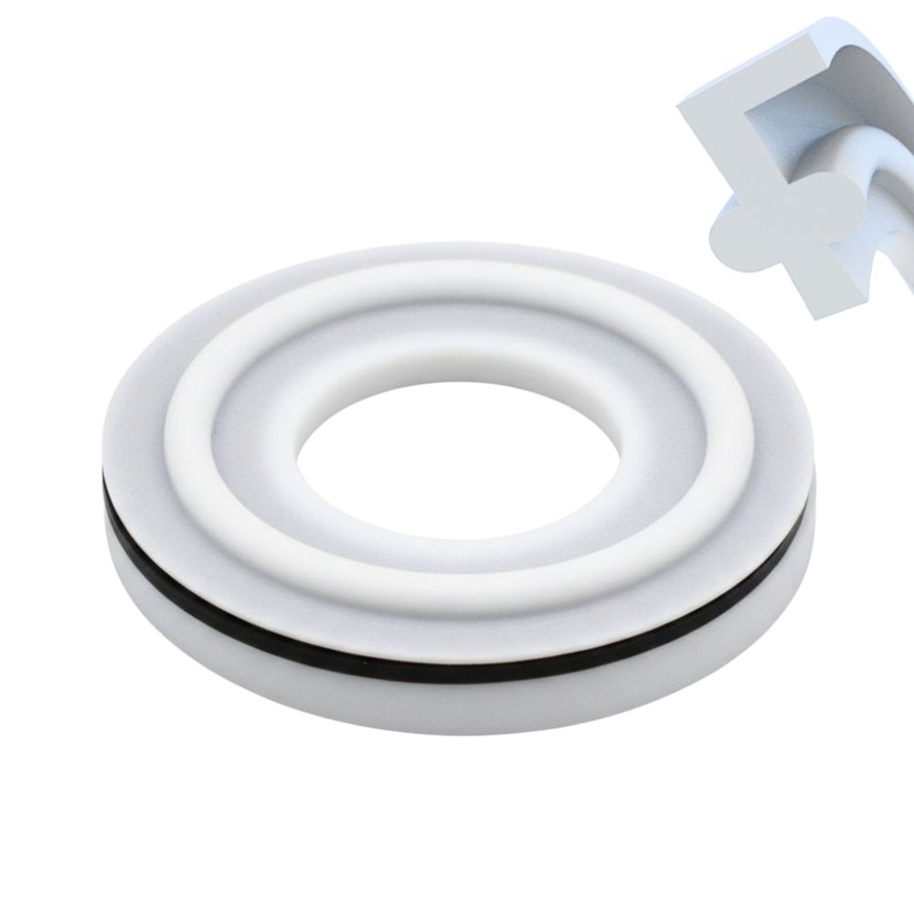 Pakking met lip voor Clamp-koppeling, DIN, van PTFE/Viton. Omhuld. Hoge bestendigheid tegen chemicaliën en stoom. FDA/USP-goedgekeurd. Tot 260 °C. Bestel hier!