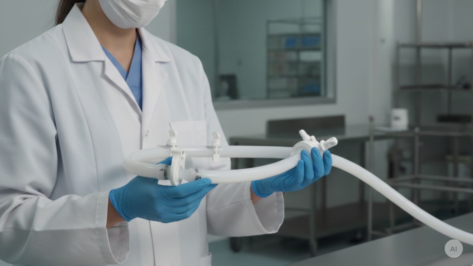 Farmaceutische medewerker houdt een single-use assembly vast