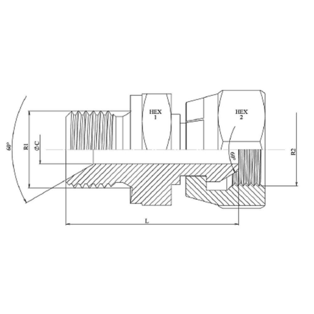 Overgangsstuk met wartelmoer, 60° x 60°