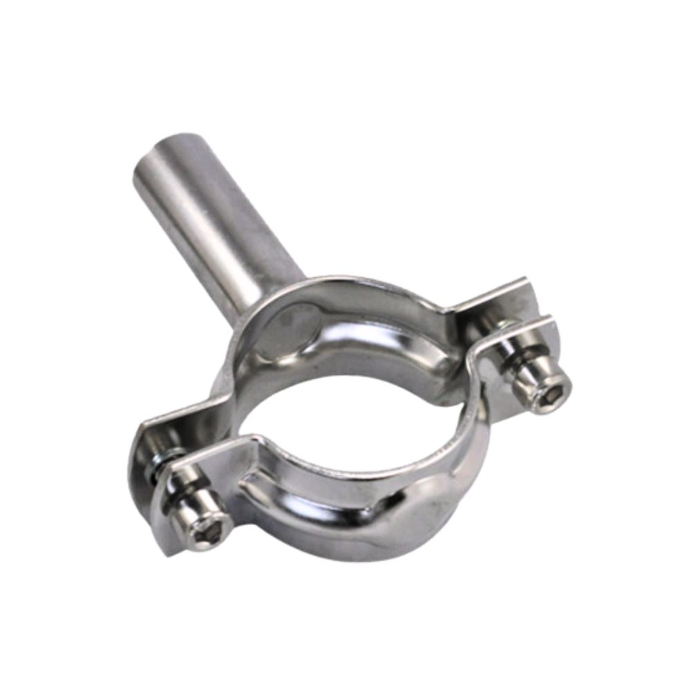 Hygiënische DS/SMS-buisbeugel met een schacht van 90 mm van roestvrij staal. Geschikt voor leidingsystemen in de voedingsmiddelenindustrie. Bestel hier!