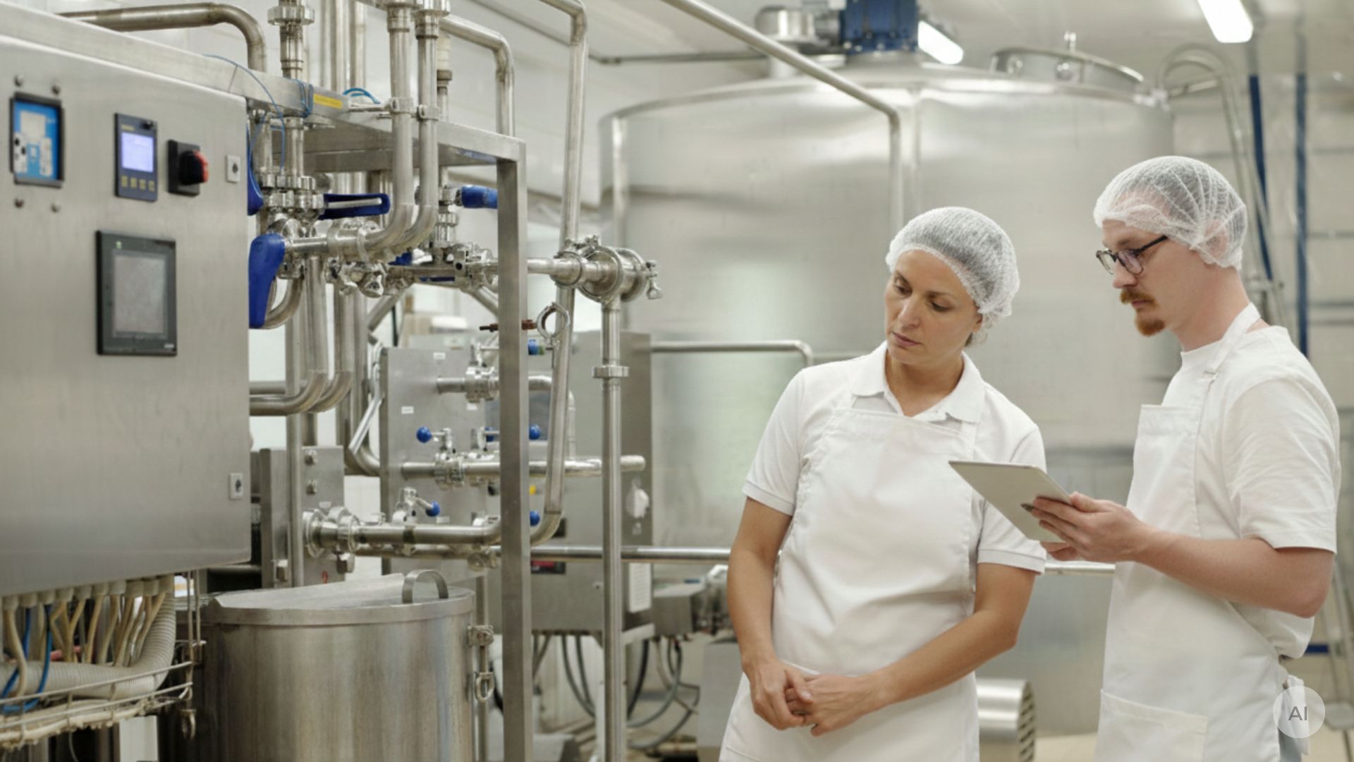 farmaceutische medewerkers die naar een verwerkingsinstallatie kijken