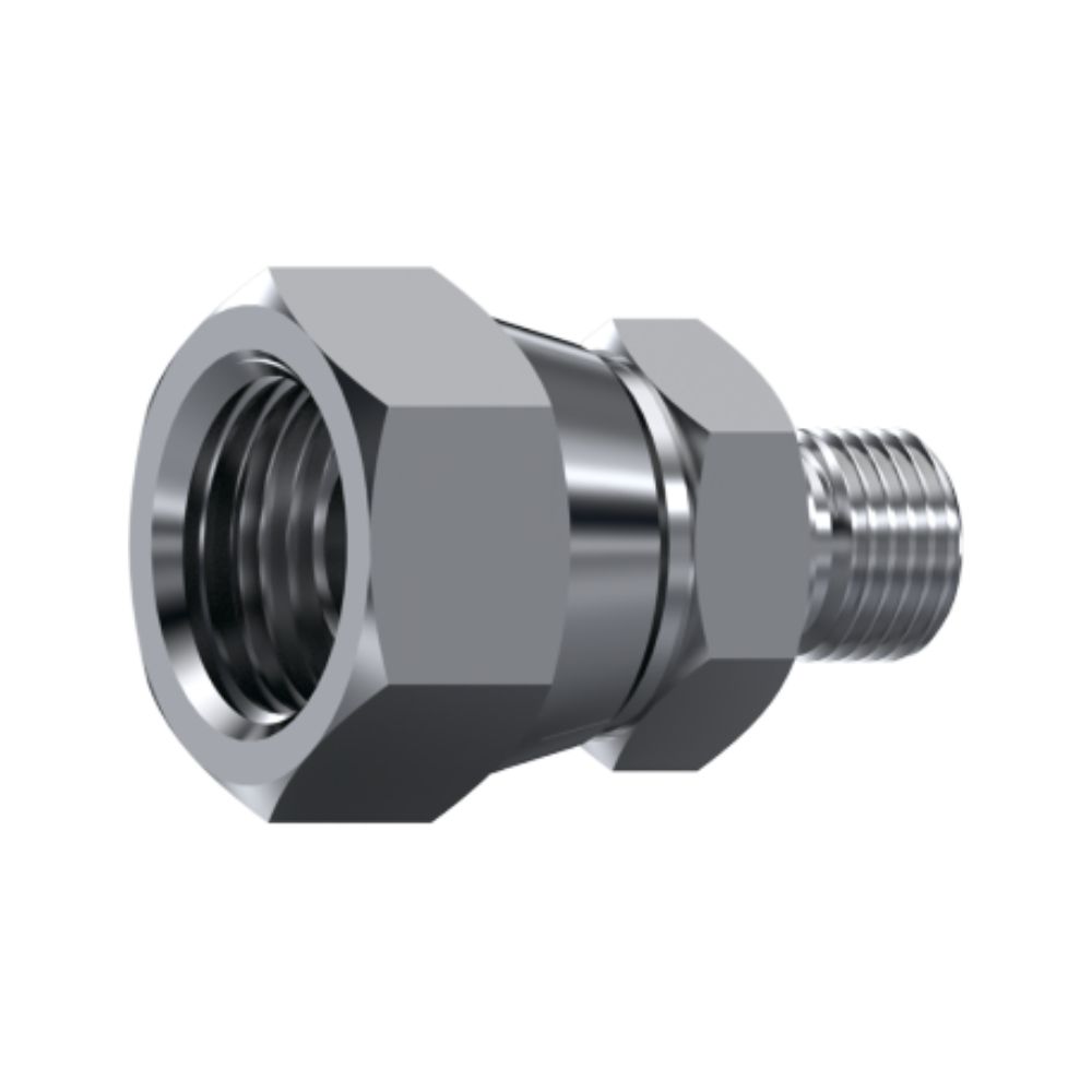 Roestvrijstalen overgangsstuk met verloop en wartelmoer voor hydraulica en industrie. 60° x 60° conus, inwendige en uitwendige BSPP-schroefdraad. Bestel vandaag nog via onze webshop!