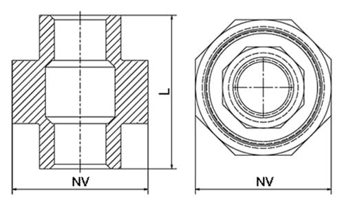 Driedelige koppeling, binnen-/binnendraad, vlakdichtend met PTFE