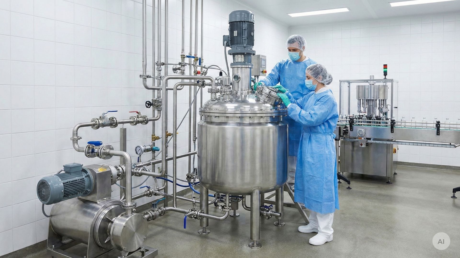 Farmaceutische medewerkers controleren de kwaliteit van een tank