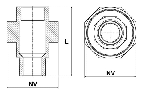Driedelige koppeling, binnen-/buitendraad, vlakdichtend met PTFE